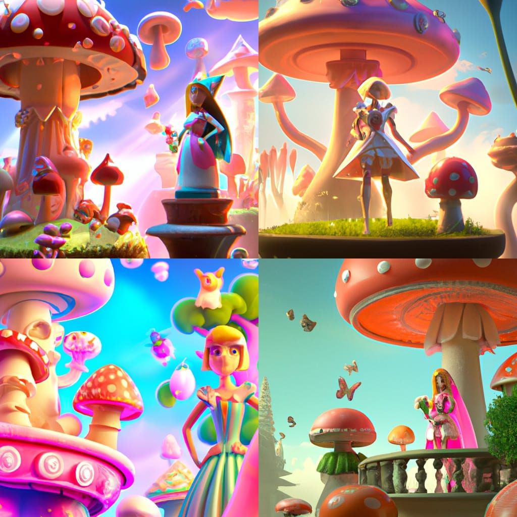 Blonde Mushroom princess dressed in flowing pink gown standing on