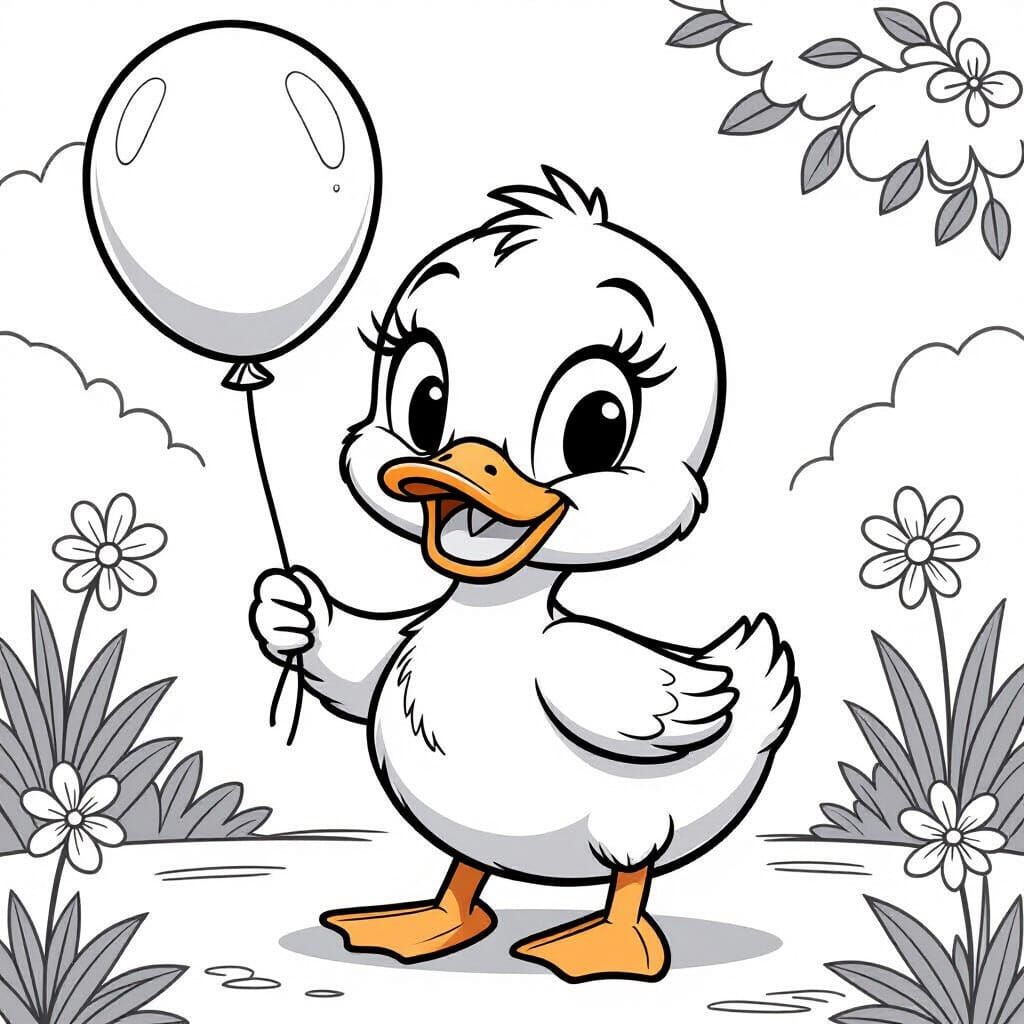 Cute Happy Duck Coloring Page with Balloon