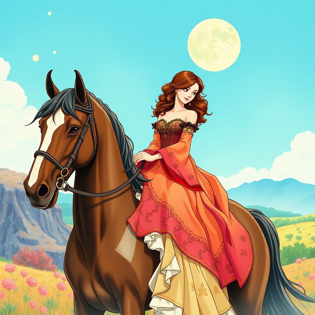 Equestrian Art Nouveau Scene in Disney Animation Style