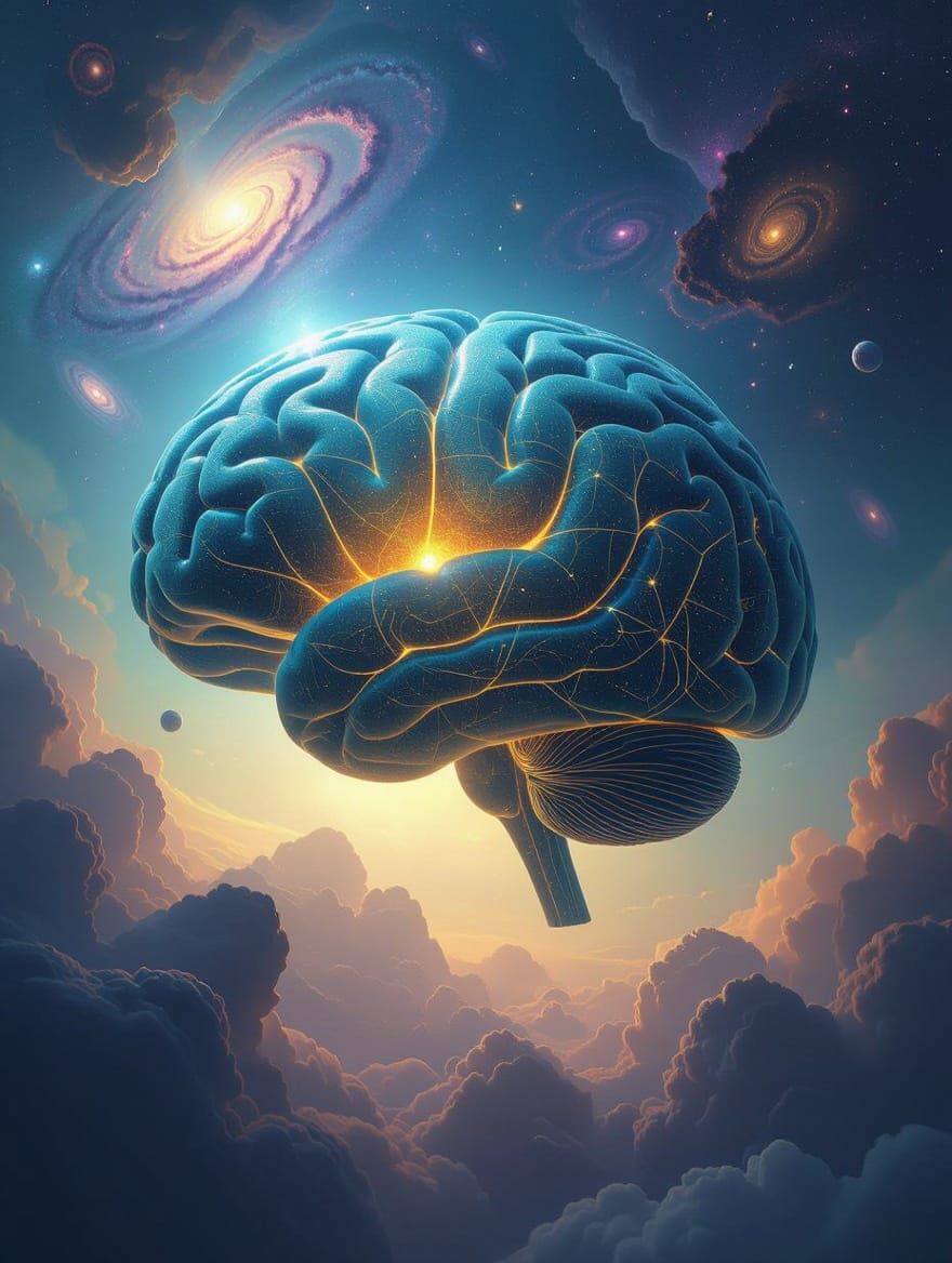 A colossal brain, composed of intricate networks of glowing neurons, floats in a void, contemplating the mysteries of existence. The brain i...