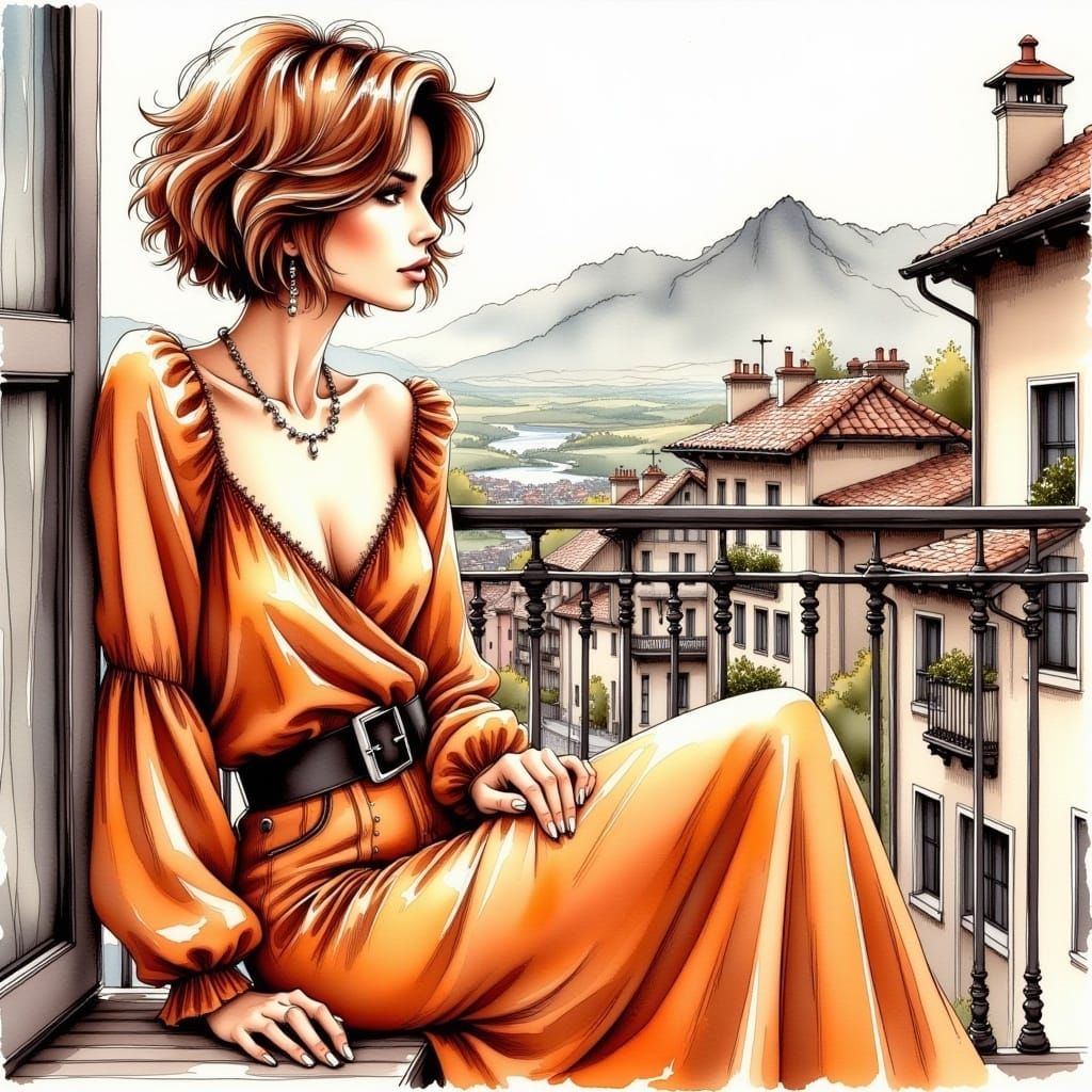 <lora:InkDrrawFlux:1.0>  ""a stunning woman sitting on the balcony overlooking the village. In the distance you can see mountains. A short f...