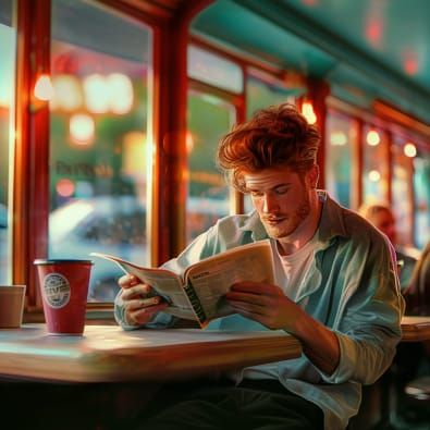 glistening, bright, vivid, colorful digital art handsome man with auburn hair sitting at a restaurant booth looking at a...