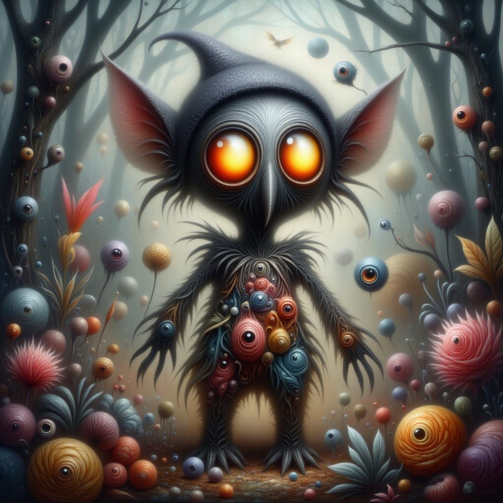 <lora:-Distorted Whimsy-:1.0>  Whimsical atmosphere ▪ Enchanted forest setting ▪ Scarecrow figure with glowing eyes and a fabric head ▪ Play...