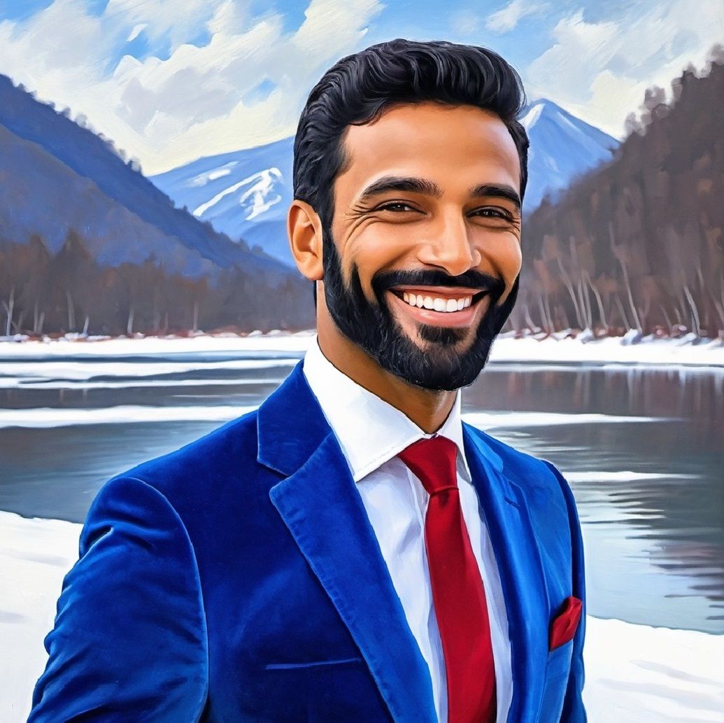 A handsome bearded man wearing a blue velvet suit