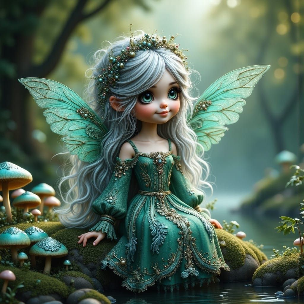 Ethereal Fairy in Emerald Gown Amidst Glowing Mushrooms