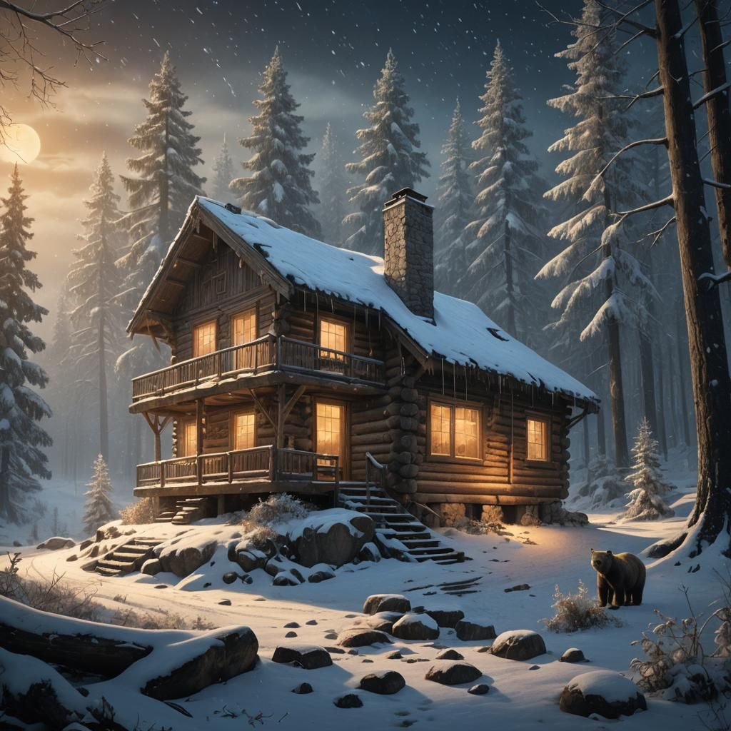 Winter Cabin in Forest Snowfall: Matte Painting