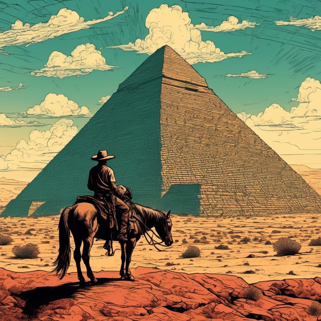 <lora:Comic Style:1.0> Dominant colors: Sandstone yellows, deep browns, and rustic reds.

A lone, silhouetted Mexican cowboy on horseback is...