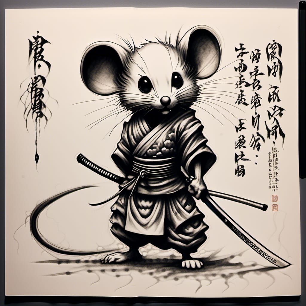 a rough hand drawn inked sketch of a samurai mouse holding a katana, Japanese ink art, unfinished hand sketch, swirling ink wash, japanese t...