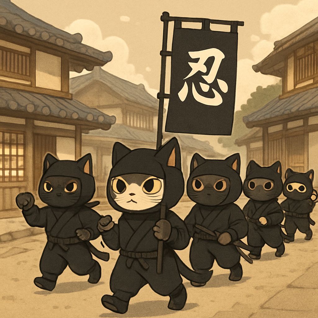 Ninja cat parade with walking cats, doing Kung Fu moves