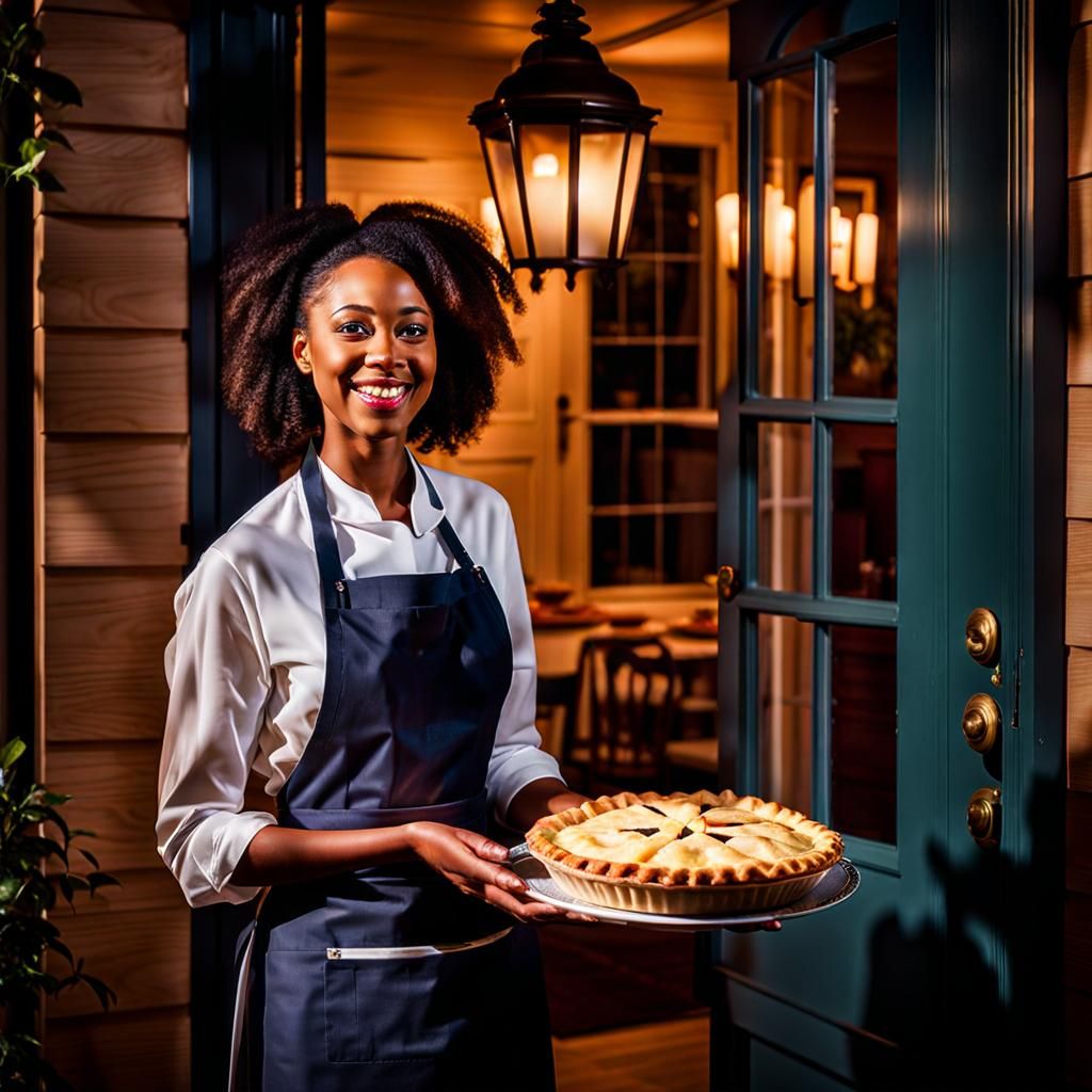 Woman Welcomes Neighbor with Pie: Photorealistic Cinematic I...