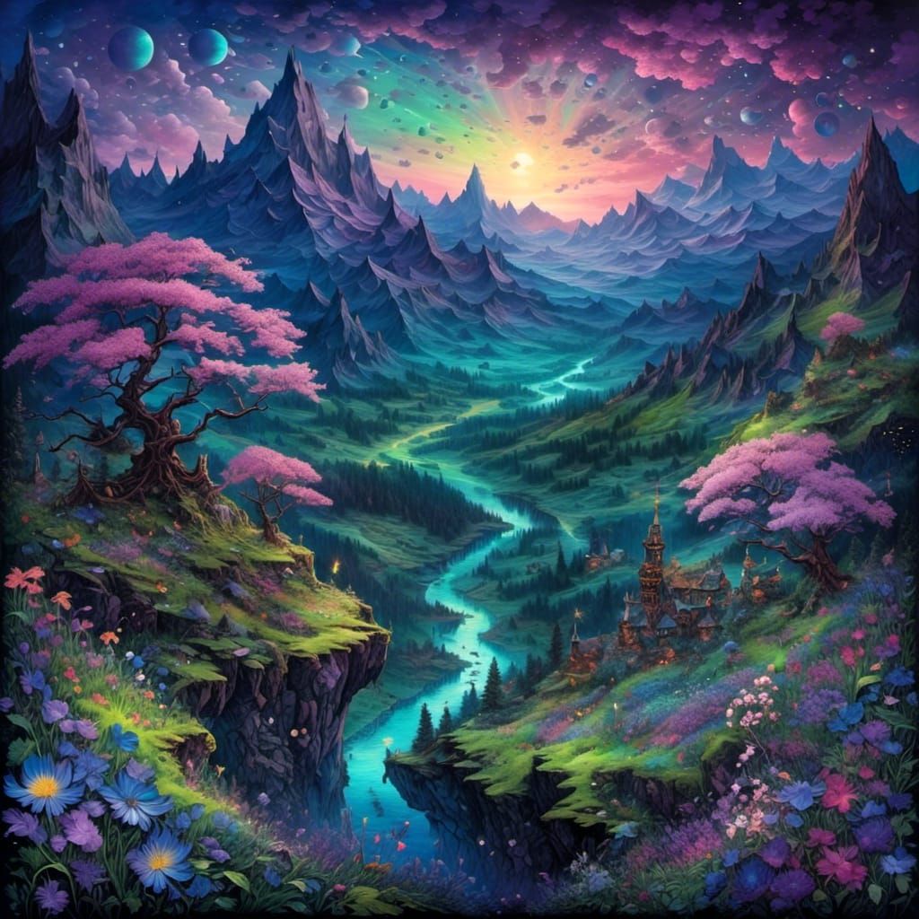 <lora:Dreamsea:1.0> 32k resolution hyperdetailed hyperintricate gaming world, expansive illustration image of a beautiful spring twilight wi...