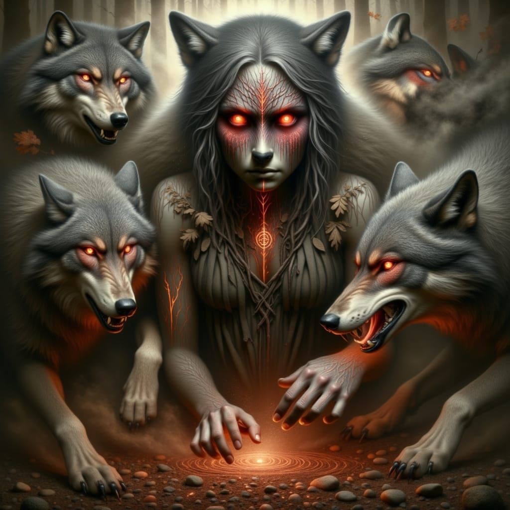 t <lora:SalaFusion:1.0> he wendigo-volva mid-transformation, surrounded by spectral wolves with glowing eyes, ritual dust in the air, dynami...
