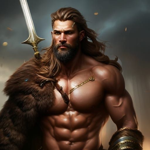 Dark fantasy charming male viking barbarian shirtless warrior, muscular ...