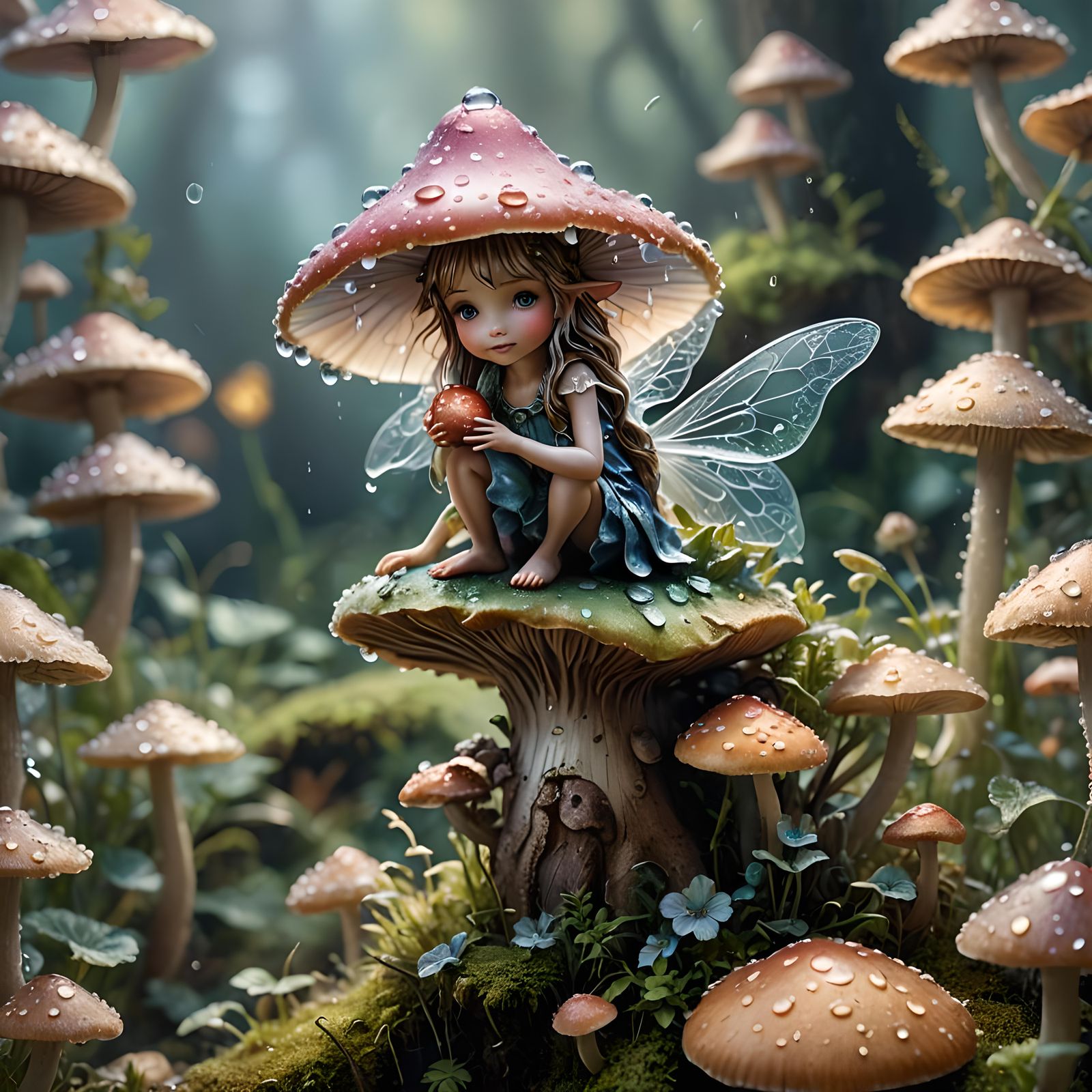 A tiny fairy sitting on a mushroom.