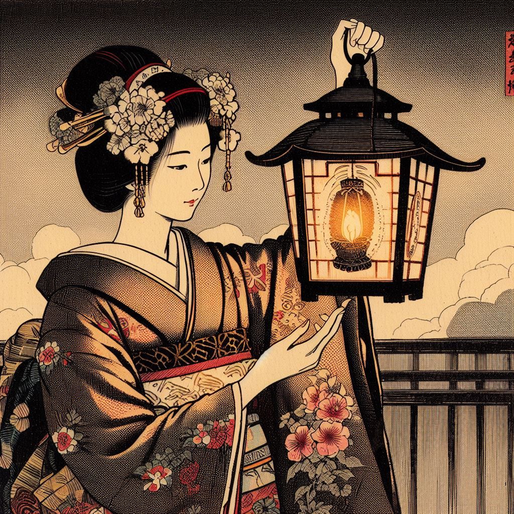 A woman with a lantern, traditional Japanese woodblock print...