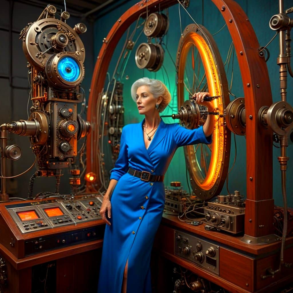 Elegant Woman Mastering an Enchanting Device in Cyberpunk St...