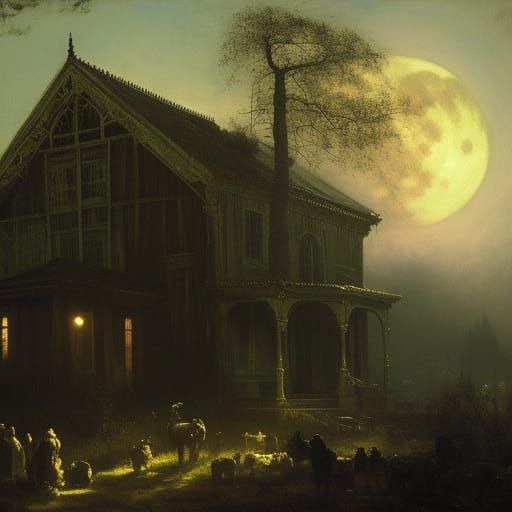 A scary haunted house under the full moon ;

triadic colors ...