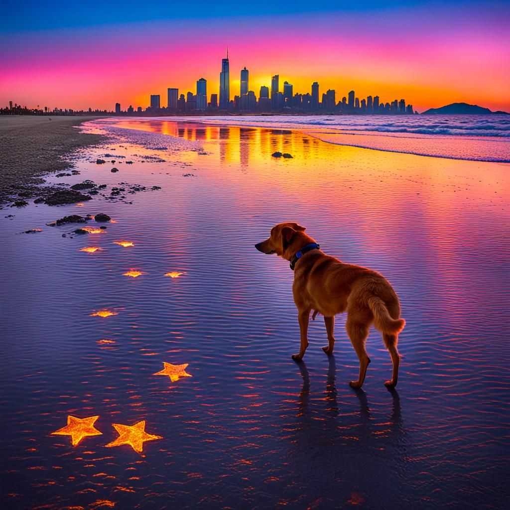 Dog watching the sun go down on the beach