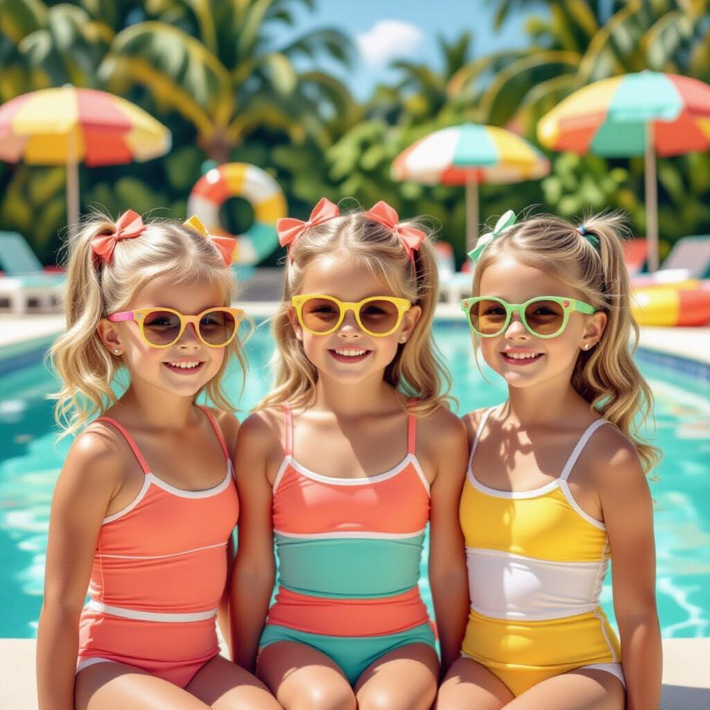 Triplet Girls in Retro Swimwear, Hockney-Basquiat-Miyazaki S...