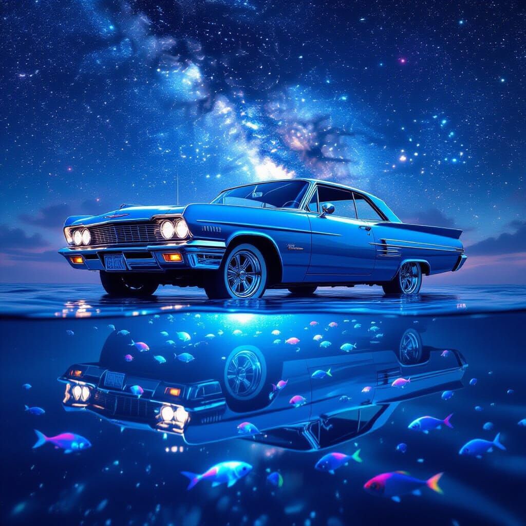 A gleaming 1960s muscle car levitates mid-ocean.
Bioluminescent fish swirl below its glass floor.
Stars ripple across a cosmic night sky.