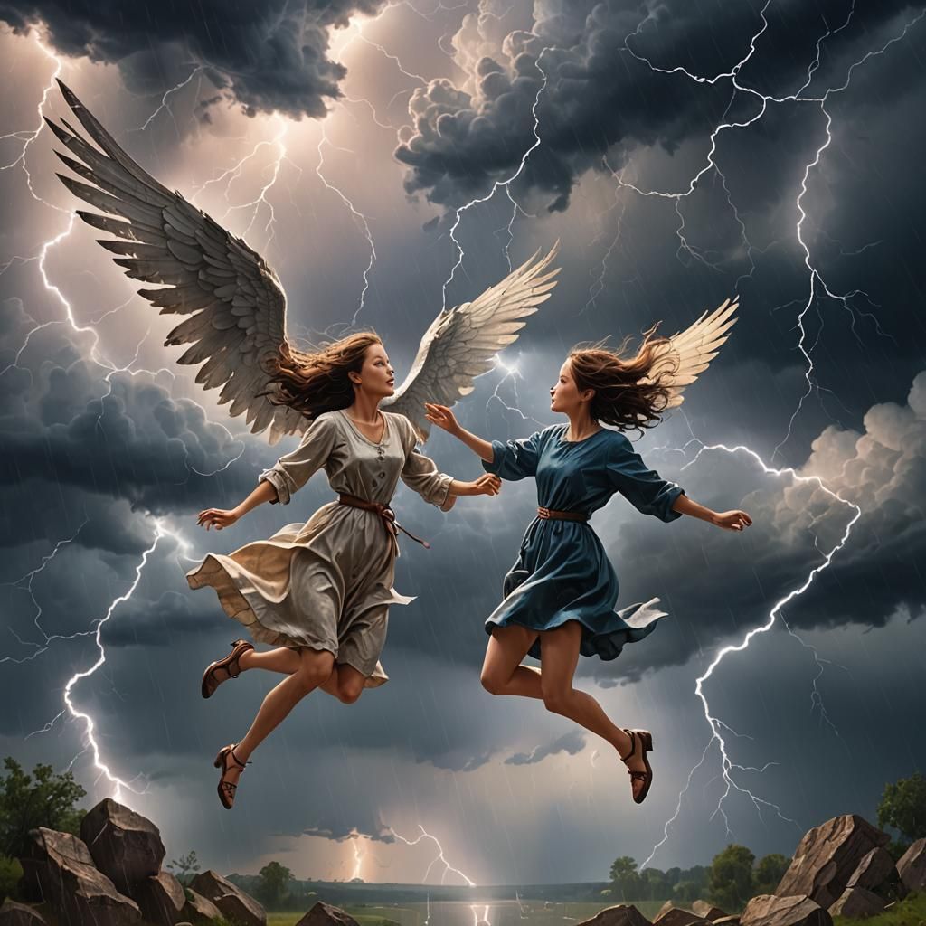 A woman with wings flying through a thunderstorm trying to catch her ...