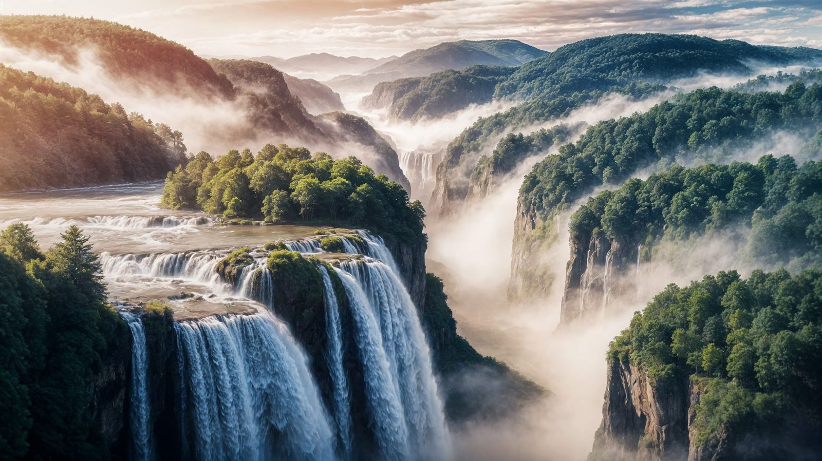 Far over the Misty Mountains with waterfalls in a forest.   by @Mette Pibse