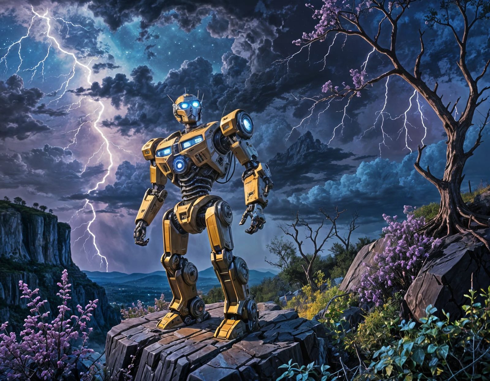 Surreal Robotic Landscape with Stormy Moon