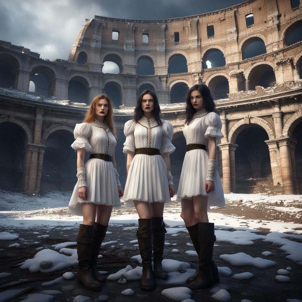 Three cruel sisters wear white blouses, dark skirts and blac...