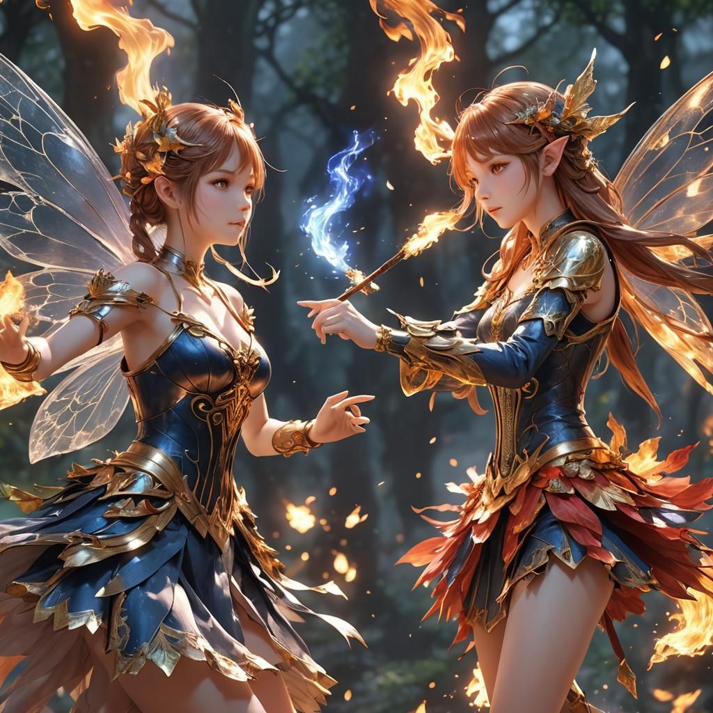 fairy with air powers, and fairy with  fire powers arguing