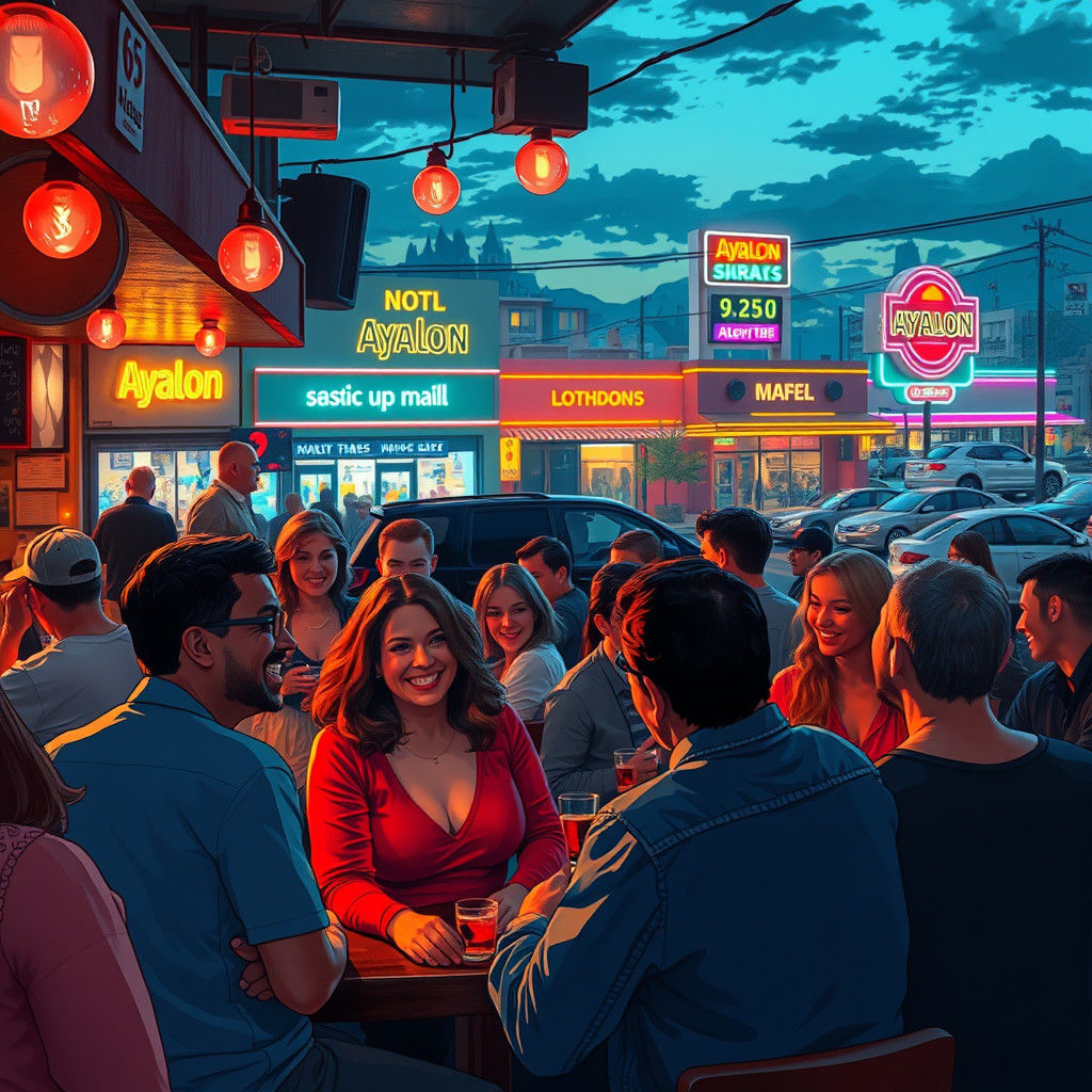 Vibrant Bar Scene with Cityscape, in Thorp-Stalenhag Style