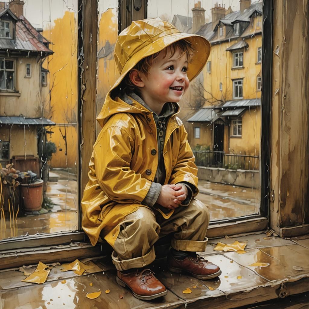 The cute toddler boy sits at the window  and watch the rain outside, full body paint,by Posuka Demizu, ...  by @Euroscorpion777 studio