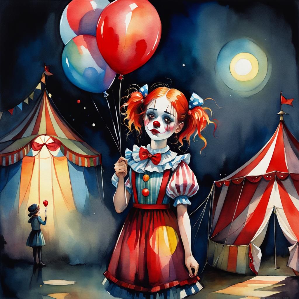 Sad Clown Girl in Moody Watercolor Style