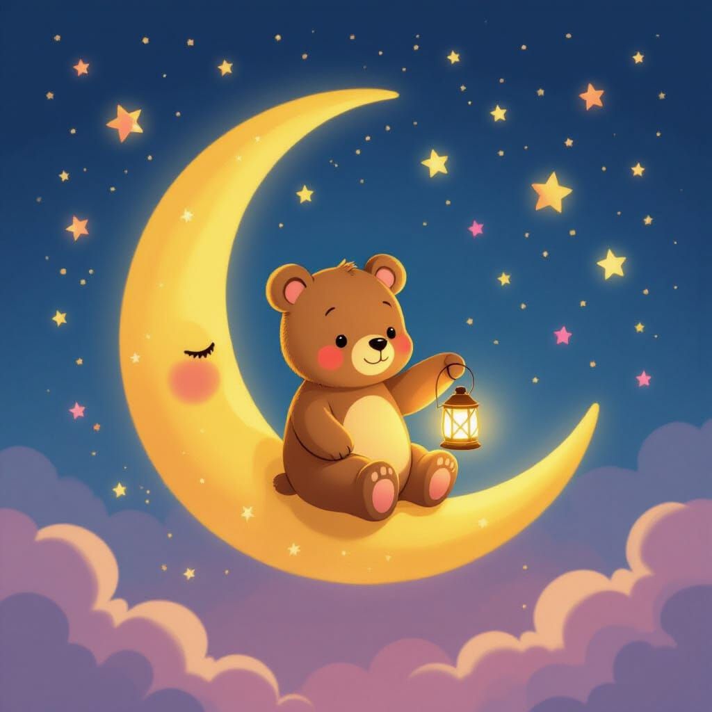 Cute Bear on Golden Moon with Lantern and Stars