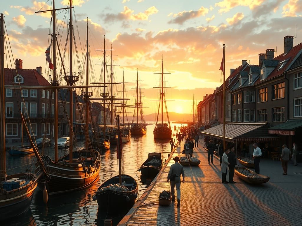 A tranquil 18th-century Dutch harbor scene at sunrise. Several tall ships are moored at the docks, their masts reaching high into the sky. F...