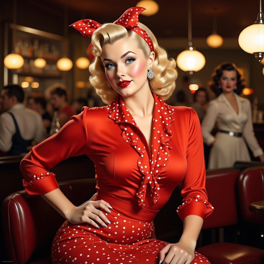 <lora:PinupFlux:1.0> pretty woman, 1950s, red blouse with ruflles,-shirt with pattern dots-scarf in her hair-dress printed with flowers, cha...