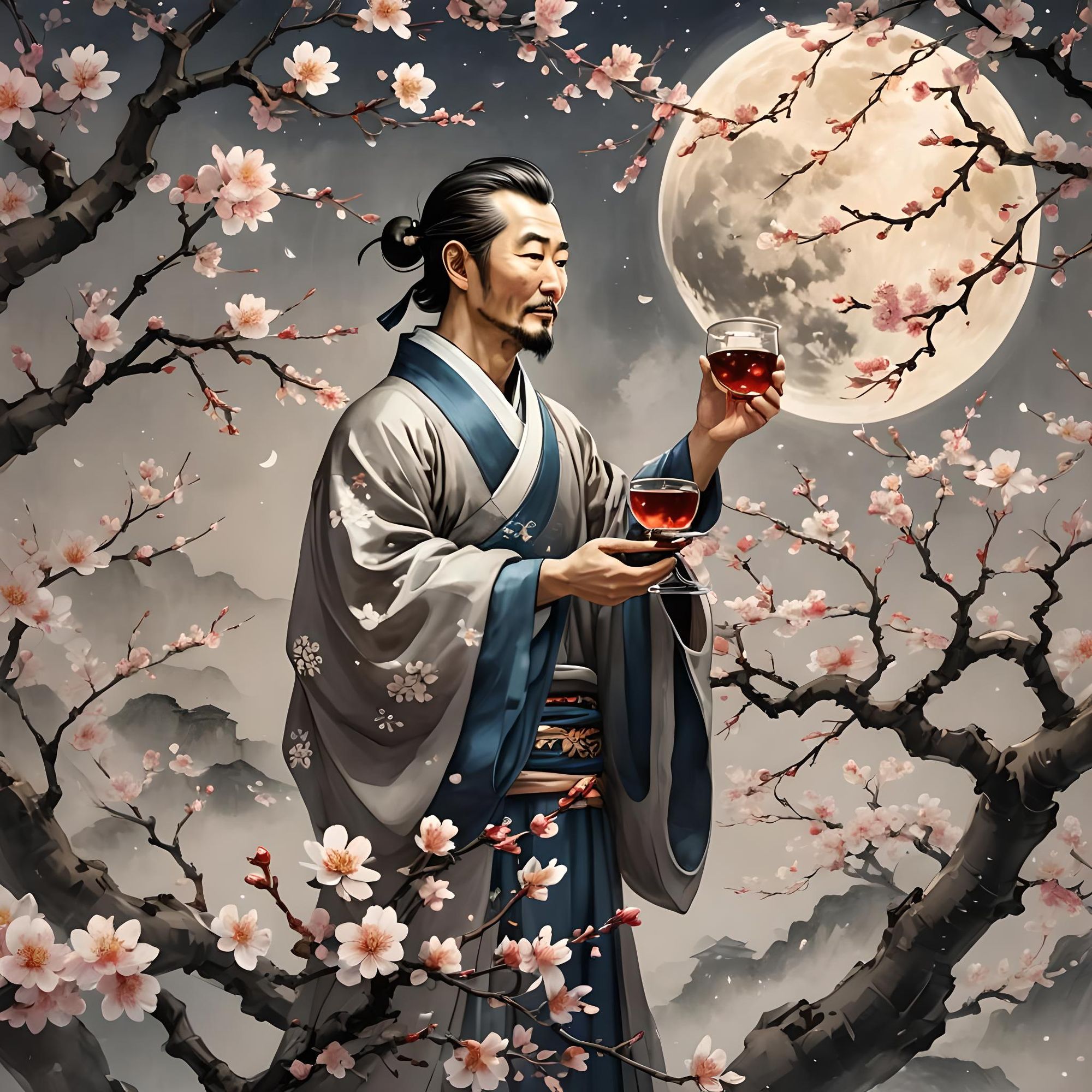 The Chinese poet Li Bai, alone among the blossoms, joyfully raises his cup of wine to drink with the moon.
