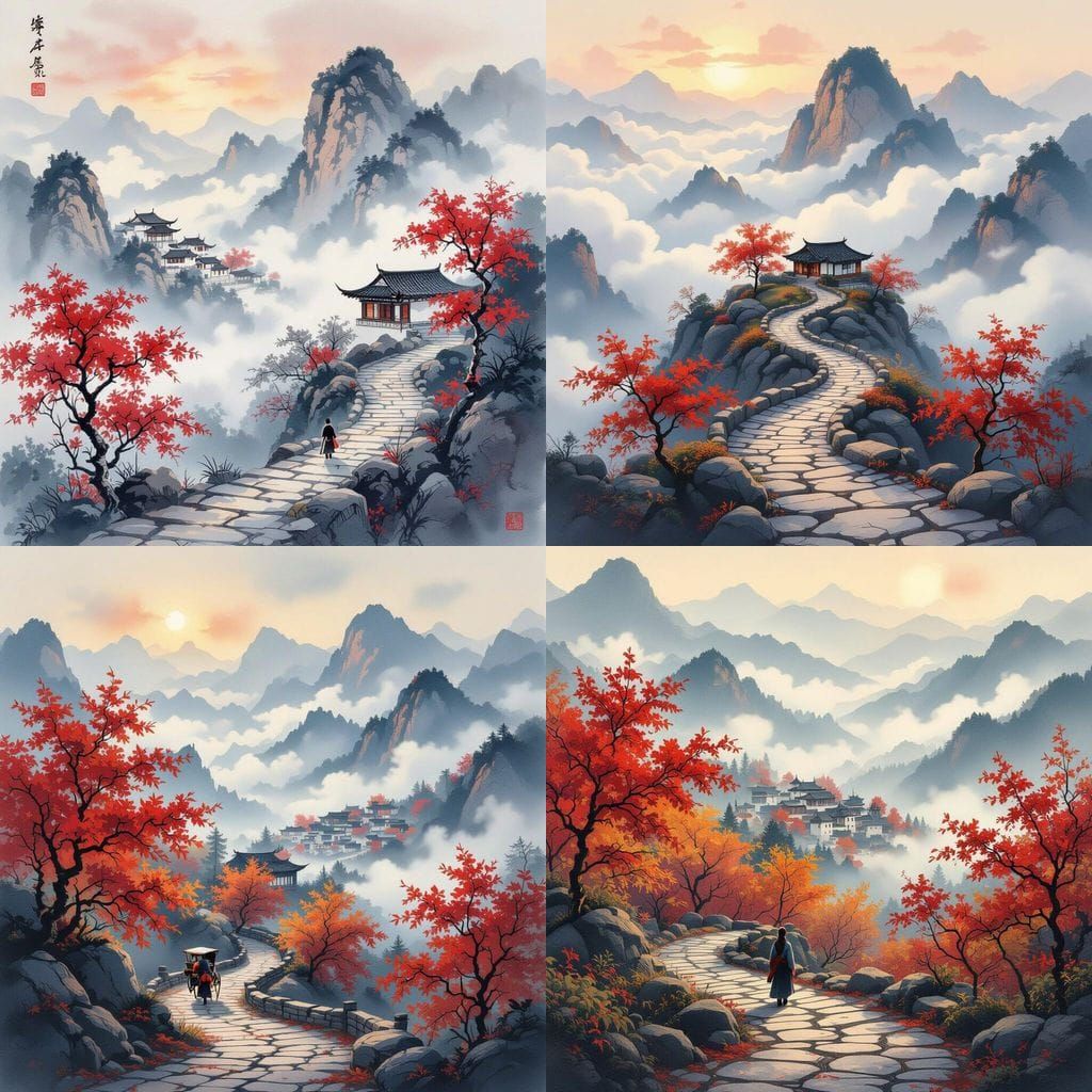 Autumn Maple Forest With Stone Path and Misty Mountains