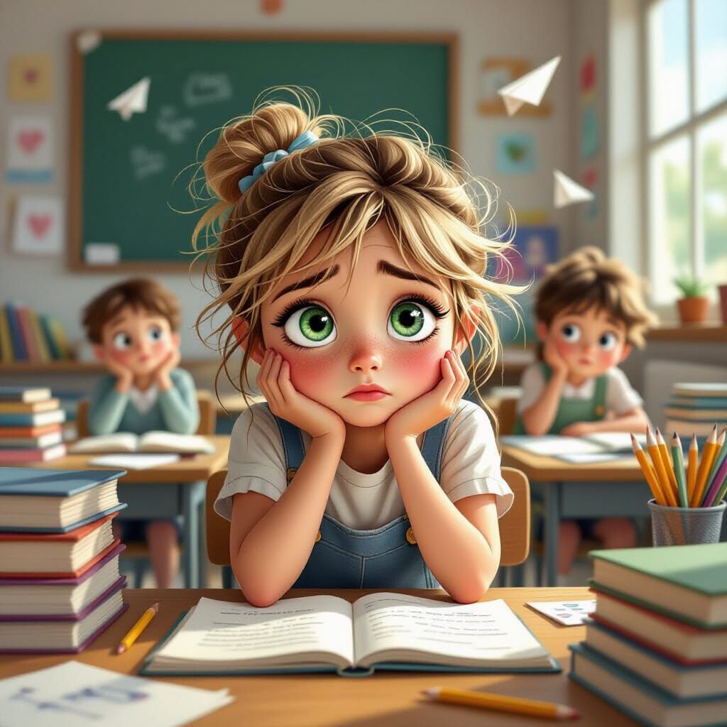 Sad Girl in Chaotic Classroom, Storybook Illustration Style