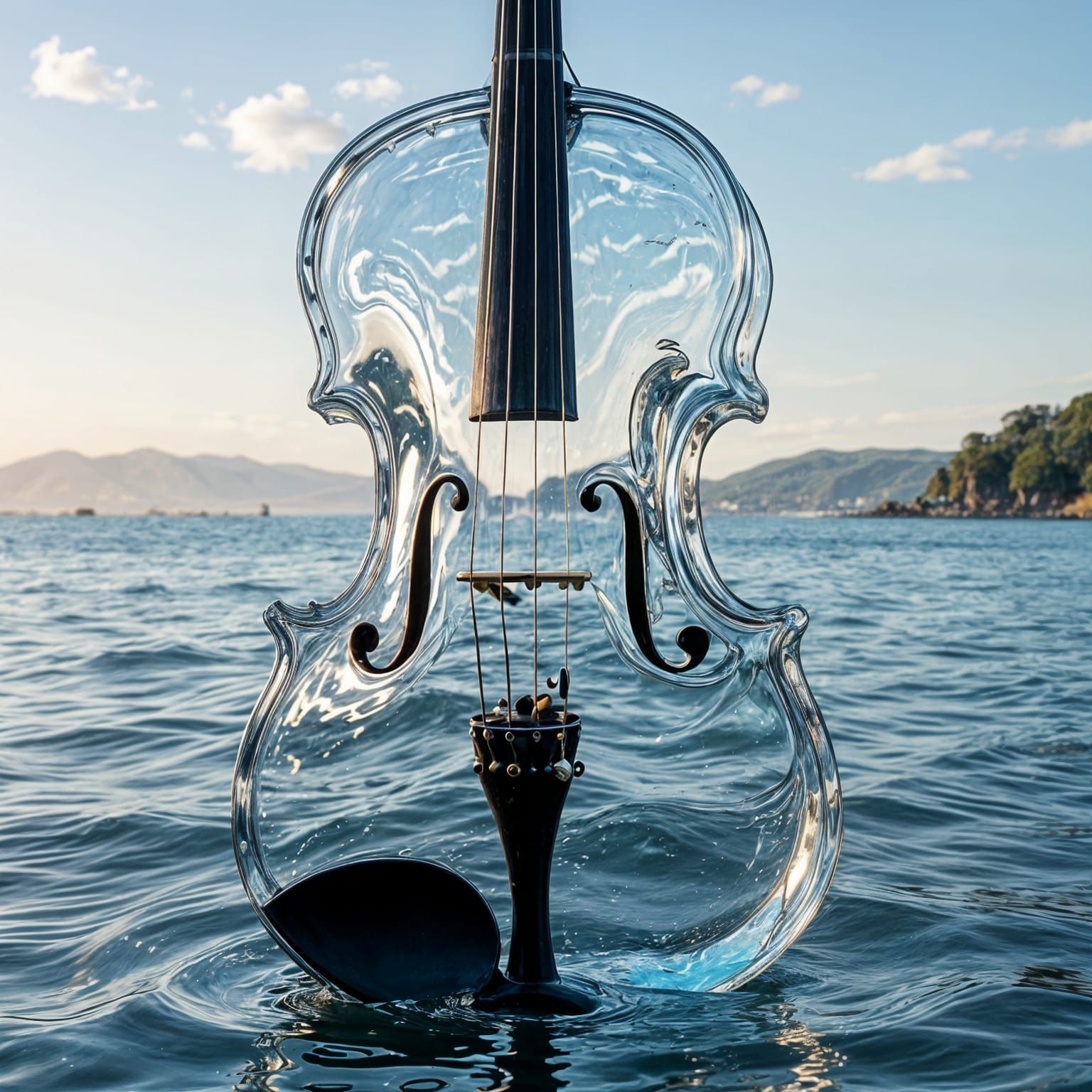 Giant violin carved from gently flowing water.
Each string vibrates with suspended fluid tension.
Ocean ...  by @KomBib