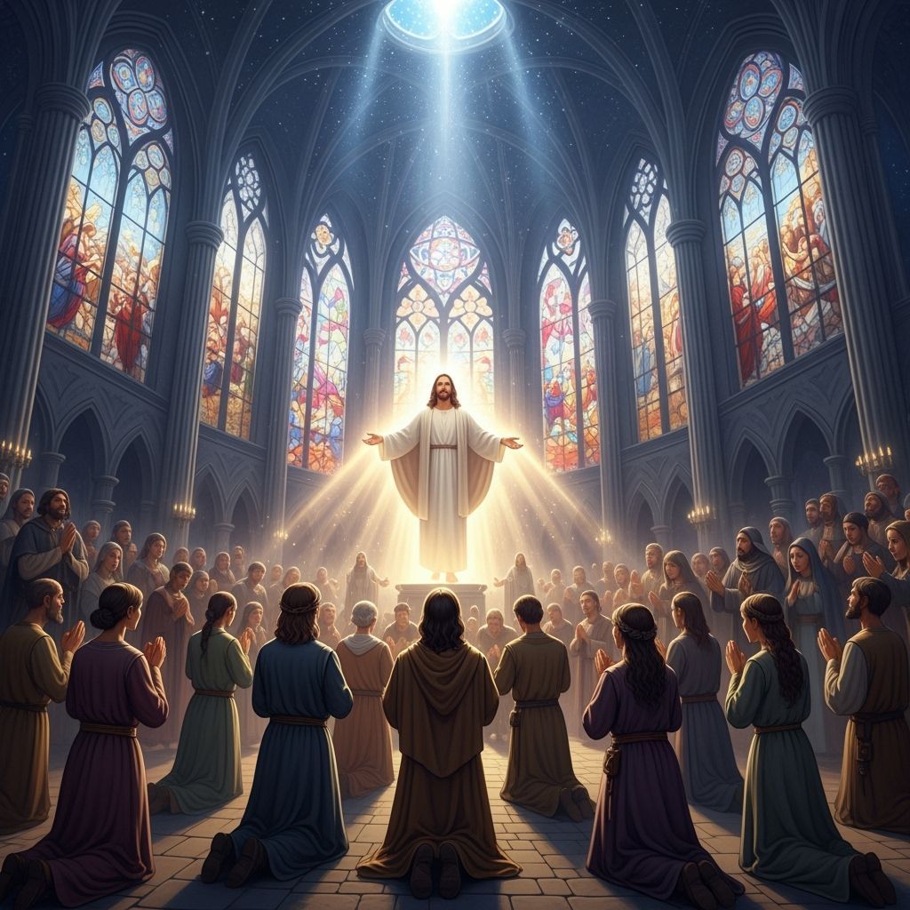 Ethereal Cathedral Scene: Christ's Descent in Gothic Style