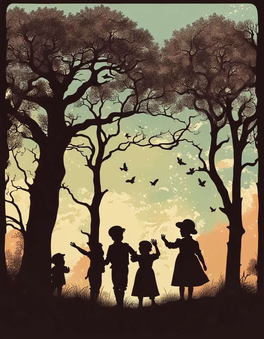 Victorian silhouette of trees and children playing vintage colors  by @Veils