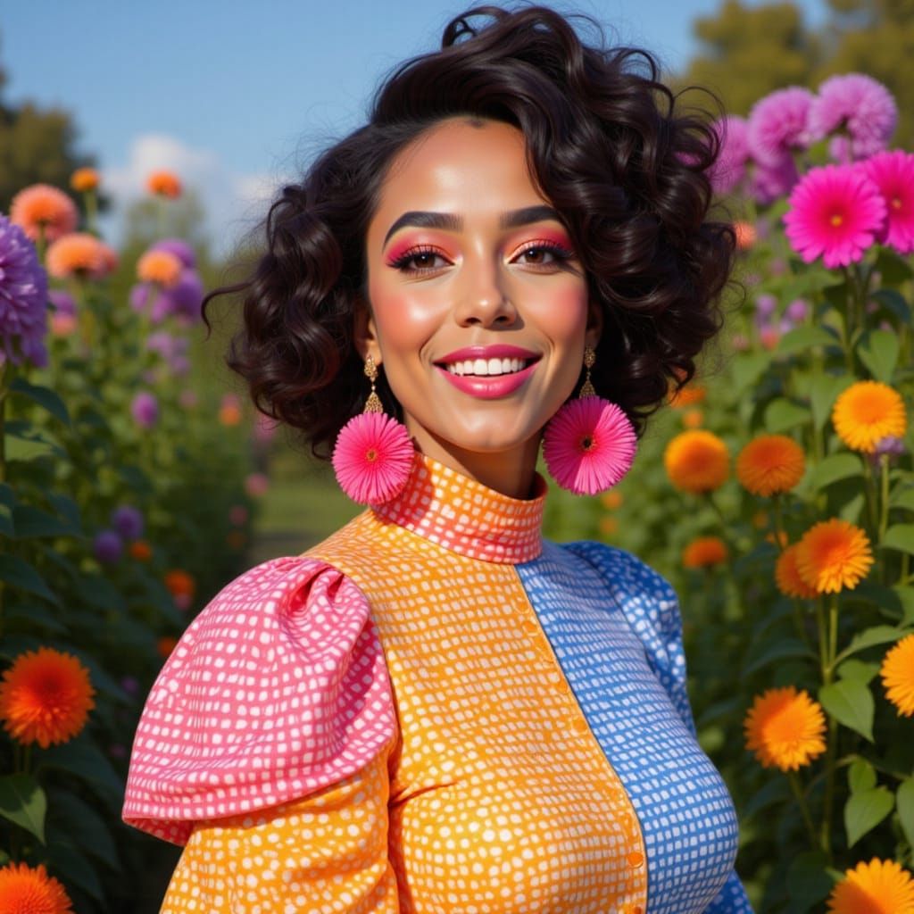 <lora:Editorial:1.0> A vibrant, high-res shot of a contemporary woman in a garden, captured from head to waist. The subject exudes joy in a ...