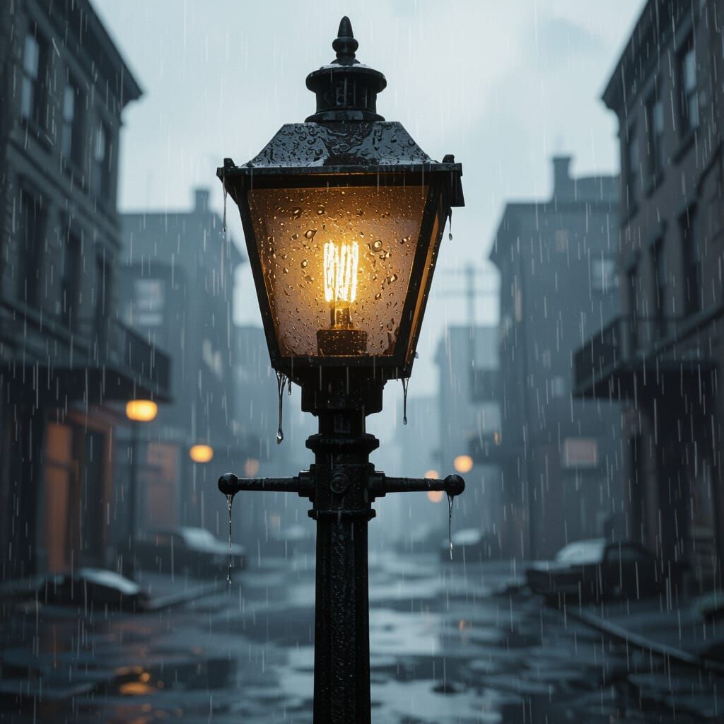 A grumpy, weathered streetlamp in a deserted, post-apocalyptic city square glares down with a single, flickering bulb that serves as its eye...