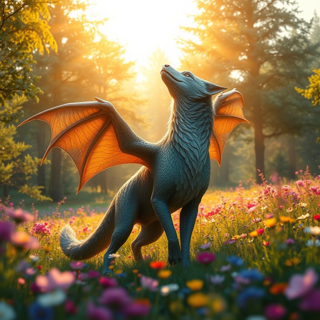Wolf Dragon Hybrid in Dreamlike Meadow
