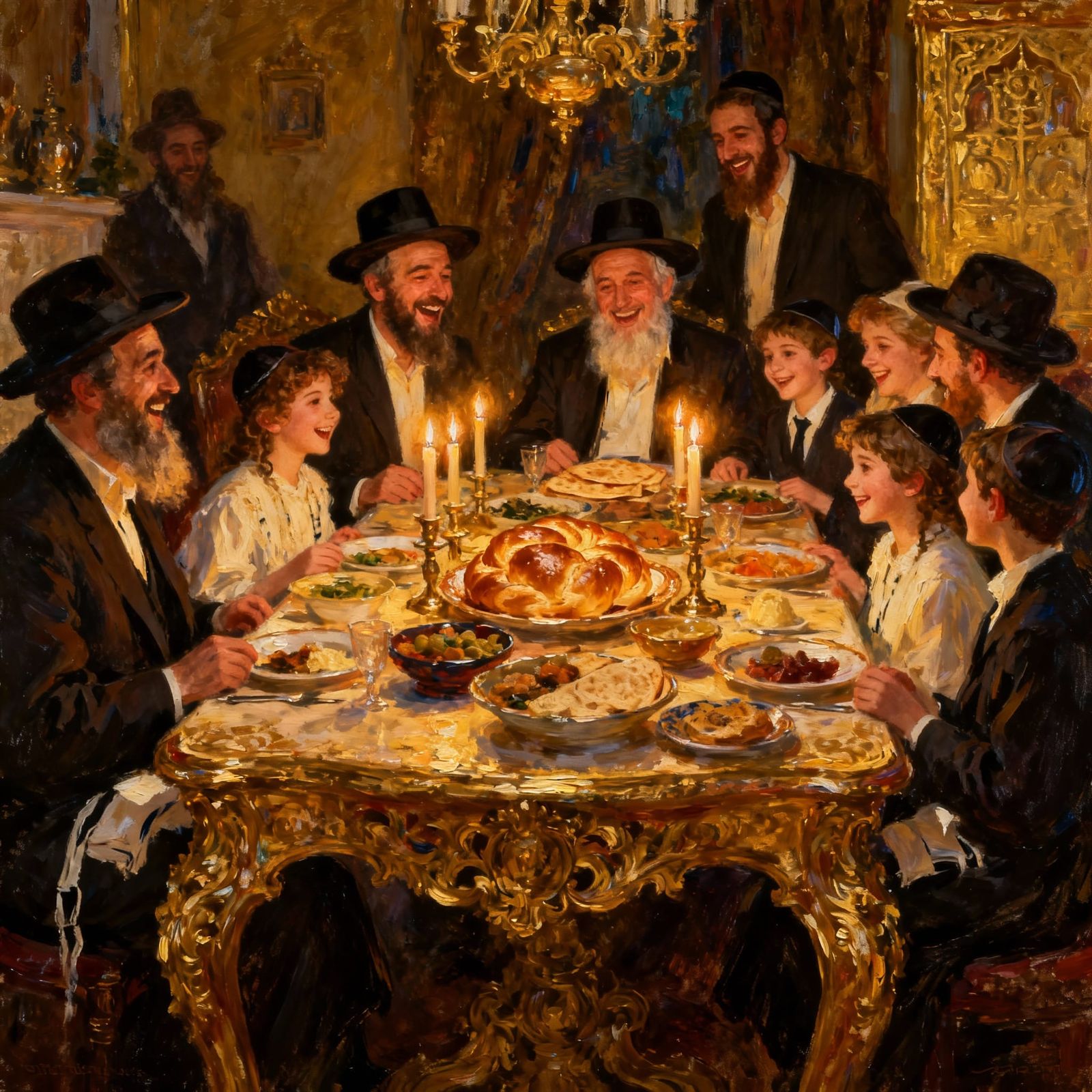 Hassidic Family Shabbat Dinner in Oil Painting Style