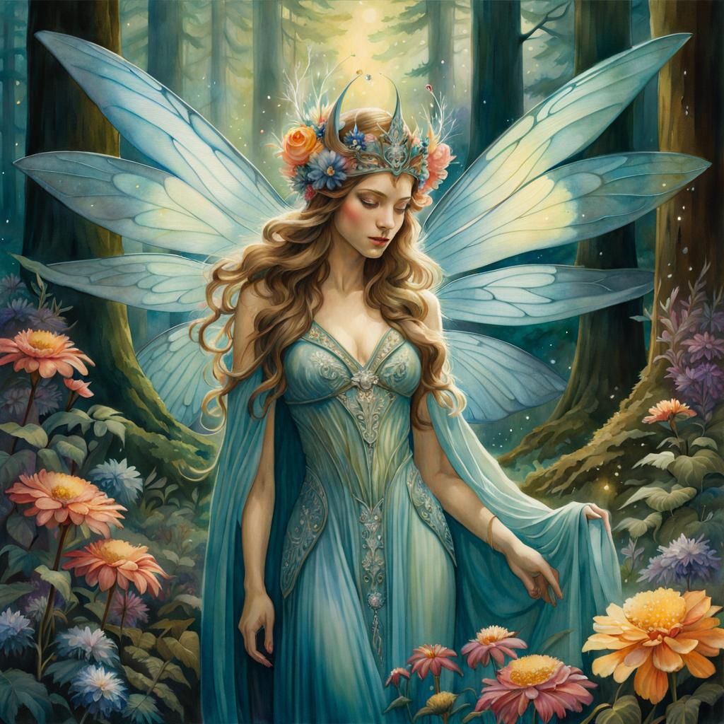 Enchanting Faerie in Misty Forest, Watercolor Illustration