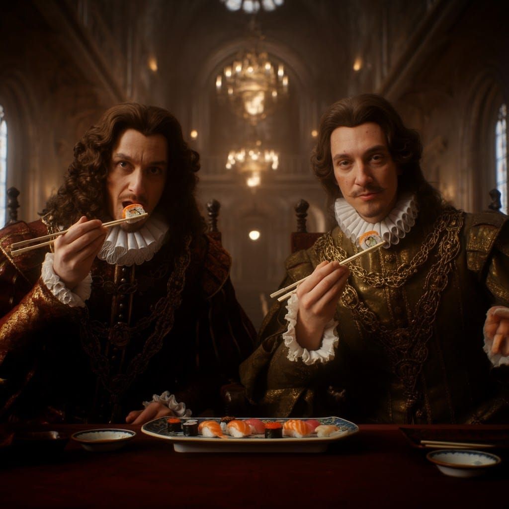 two Noblemen in 16th century clothing eating Sushi