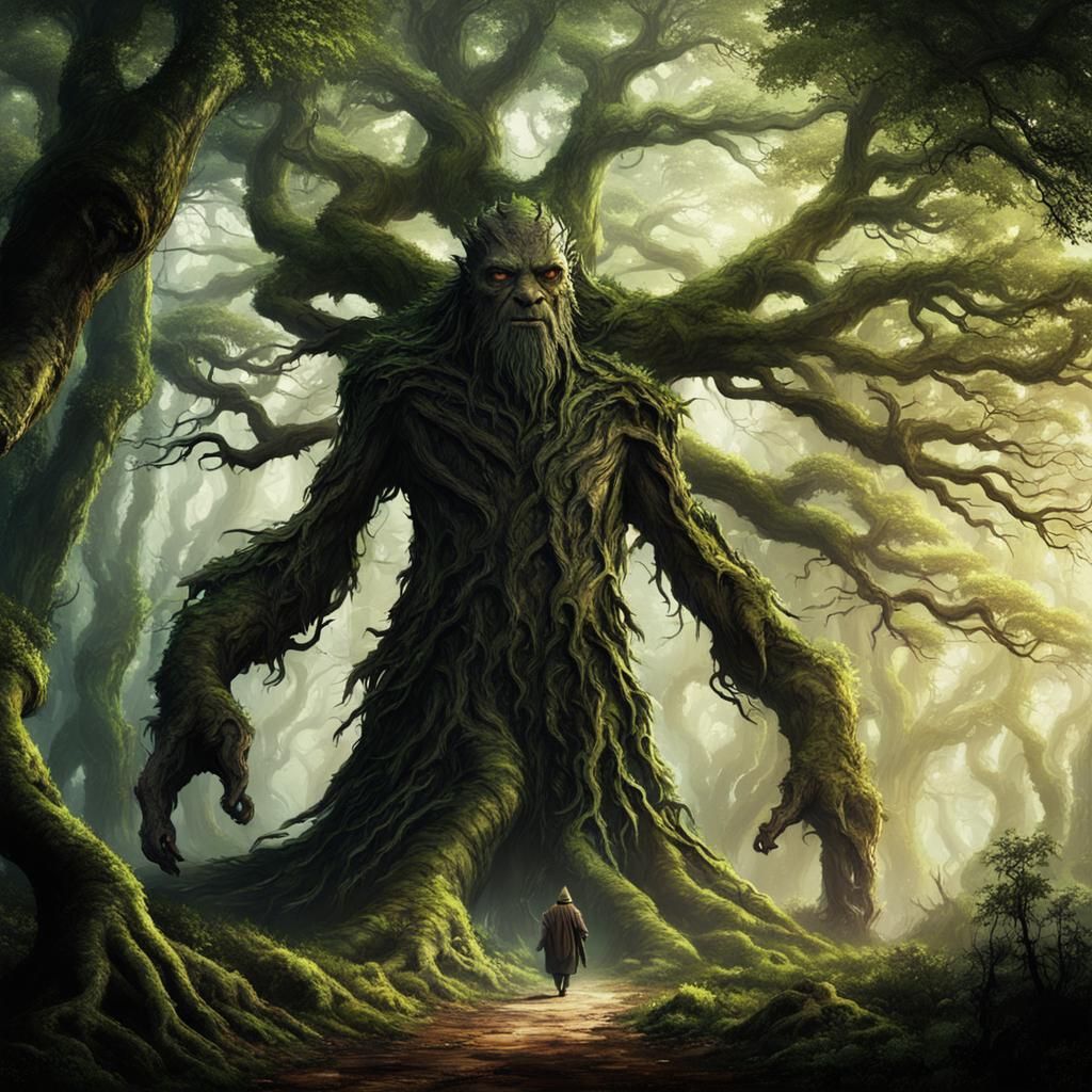 An Ent, a tree creature, walking through the forest, Lord of...