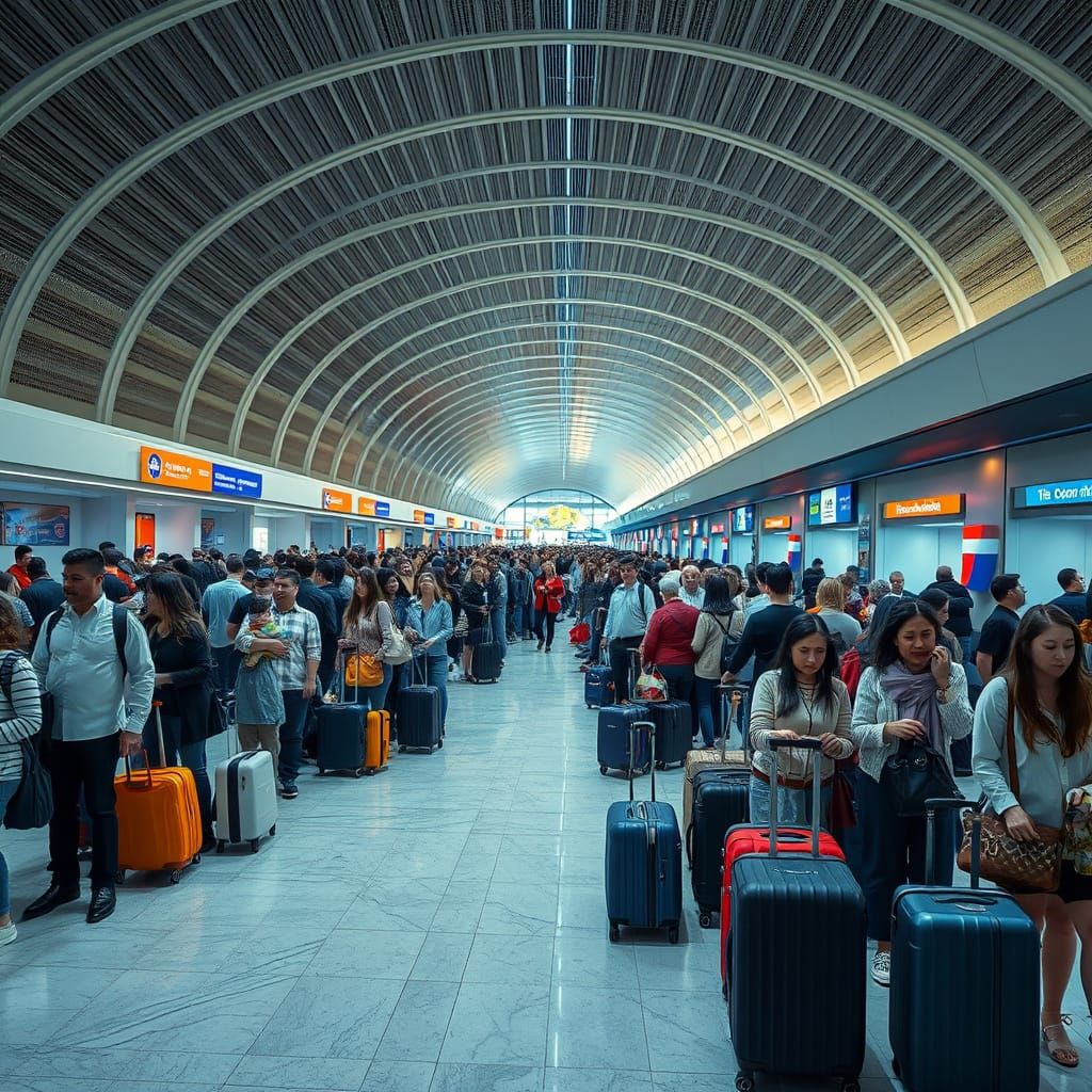 Crowded Airport Terminal at Night in Hyperrealistic Style