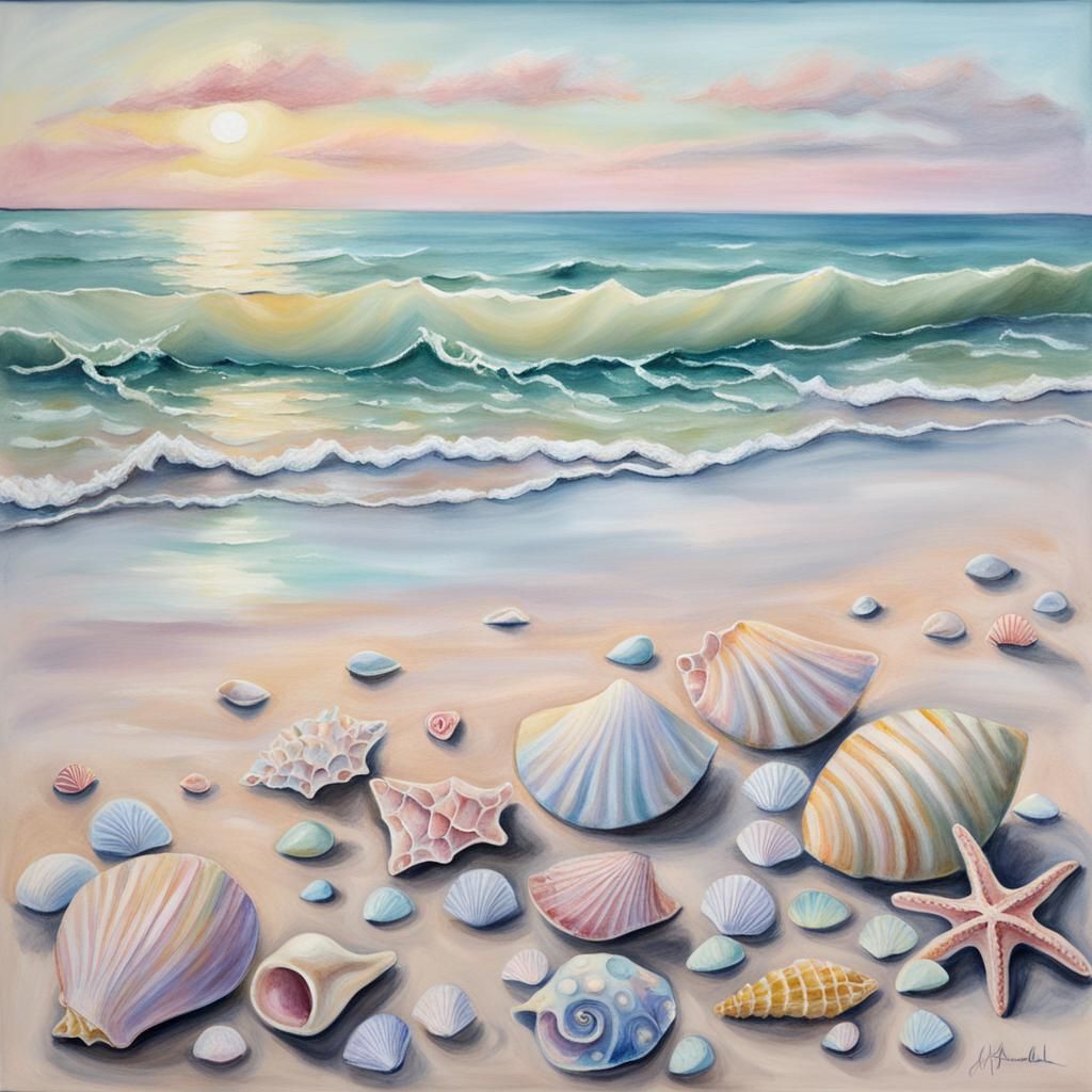 A seascape scene in chalk pastel colors with the addition of shells in ...